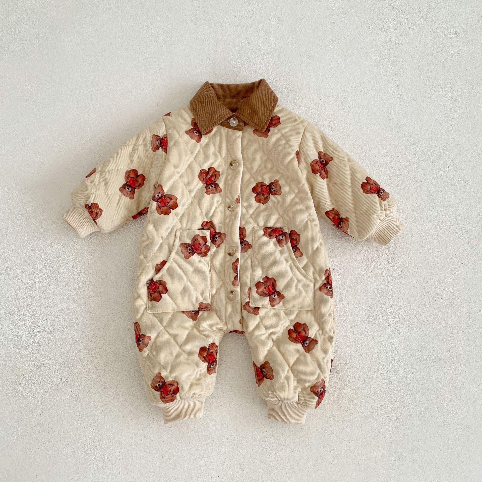 Baby Cartoon Bear Graphic Cute Style Quilted Warm Long Sleeve Dress & Jumpsuit-5